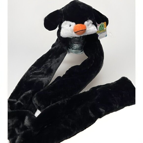 Black Penguin Winter Hat with Moving Jumping Ears for Kids/Adults Plush, New - Picture 4 of 7